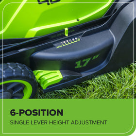 Greenworks 6-height adjustment lever shows quick cutting height control for different grasses.