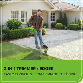 Greenworks 40V trimmer-edger with 7-position pivot head for tight space trimming.