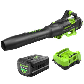 Greenworks 80V axial blower in action delivering powerful wind for leaves