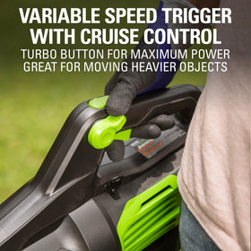 Greenworks 80V axial blower back view shows balanced control for cleanup.