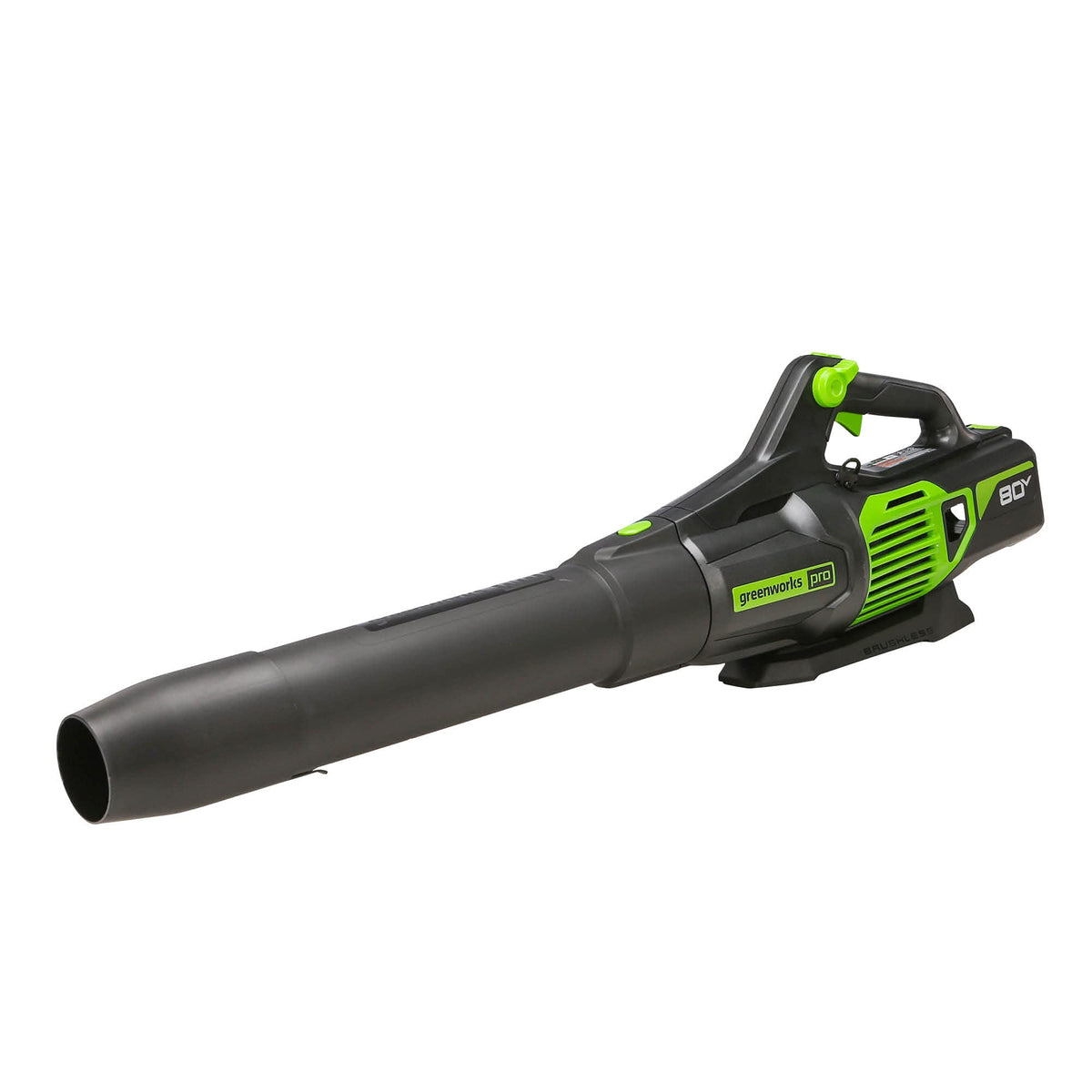 Greenworks 80V axial blower front view demonstrates compact power for driveways.