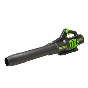 Greenworks 80V axial blower front view demonstrates compact power for driveways.