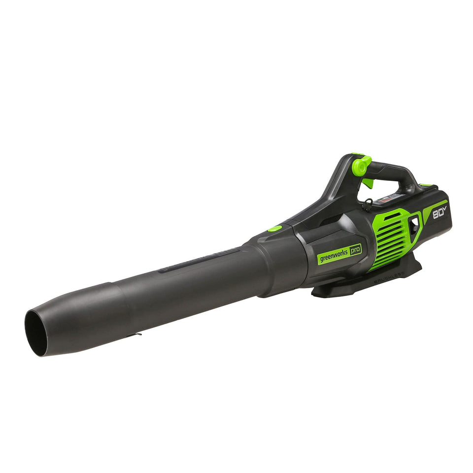 Greenworks 80V axial blower front view demonstrates compact power for driveways.