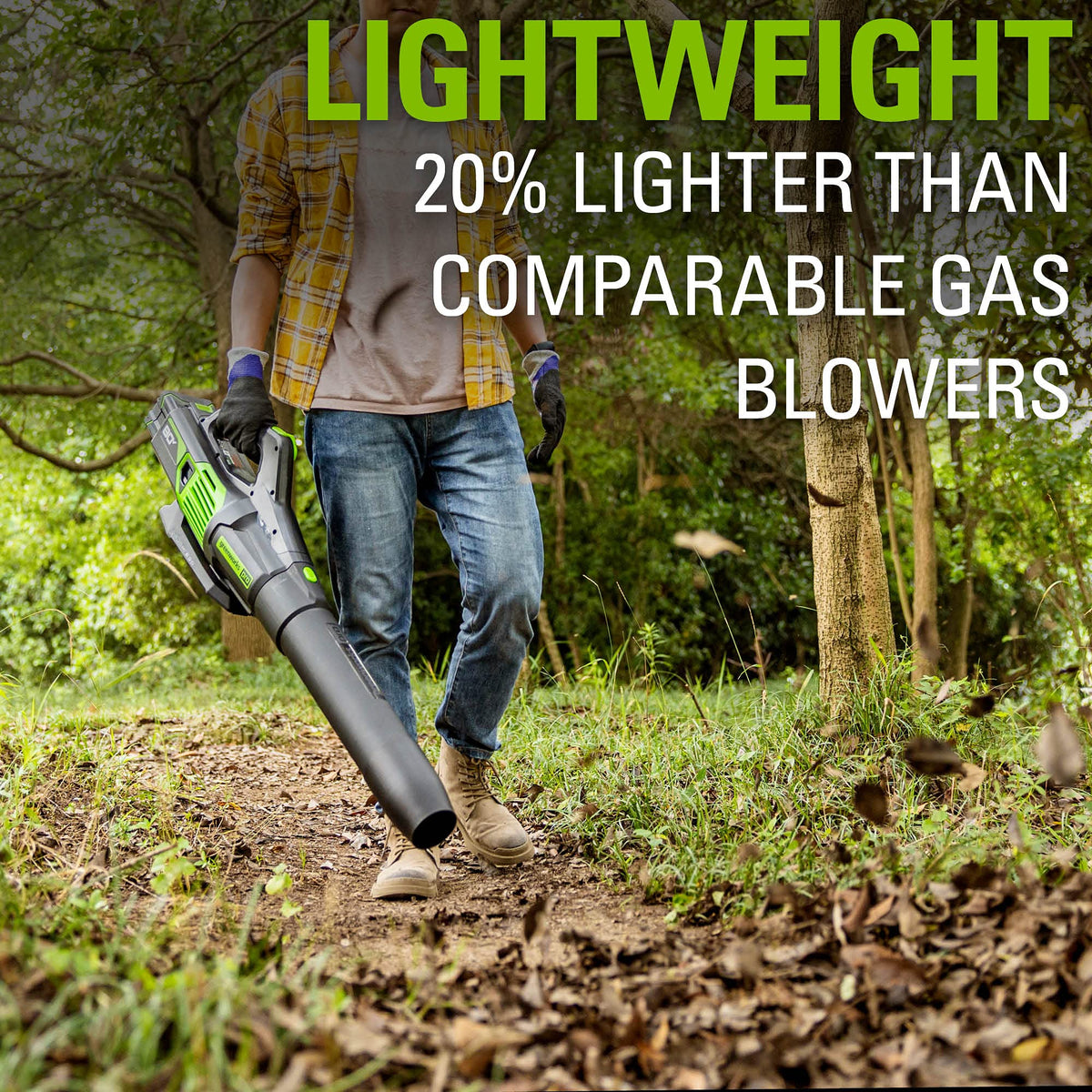 Greenworks 80V axial blower cruise control maintains steady airflow.