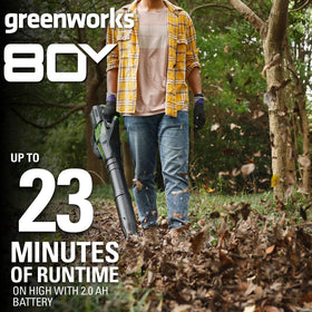 Greenworks 80V blower with ergonomic grip enhances comfort during longer sessions.