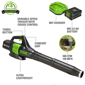 Greenworks 80V blower with turbo mode delivers quick debris clearing.