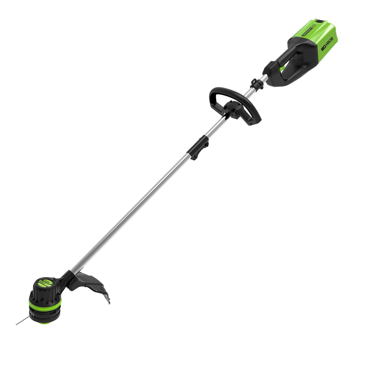 Greenworks 80V trimmer with a 16 inch cutting path for fast yard work