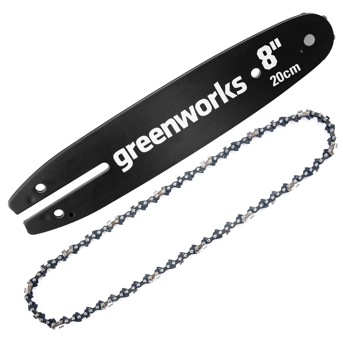 Greenworks 8in pole saw bar and chain in view, compatible replacement for yard upkeep.