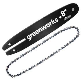 Greenworks 8in pole saw bar and chain in view, compatible replacement for yard upkeep.