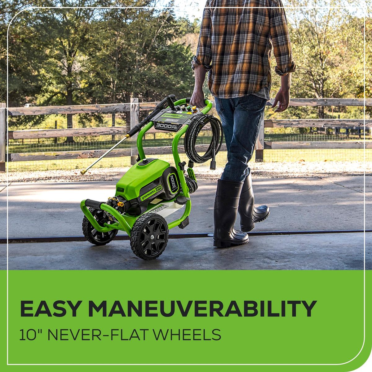 Greenworks accessory kit and storage for quick setup and cleanup.