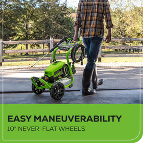 Greenworks accessory kit and storage for quick setup and cleanup.