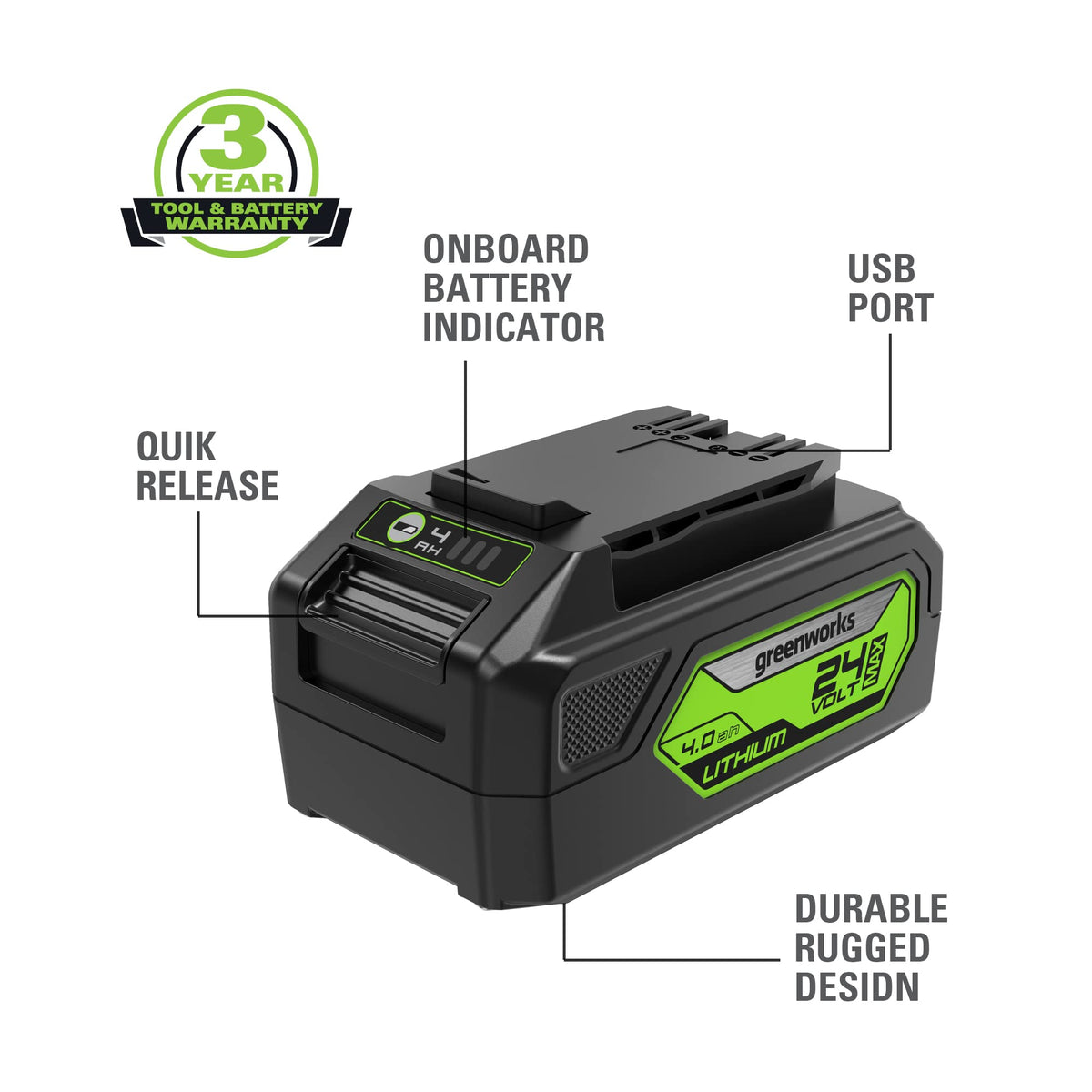 On-board charge indicator shows remaining power at a glance.