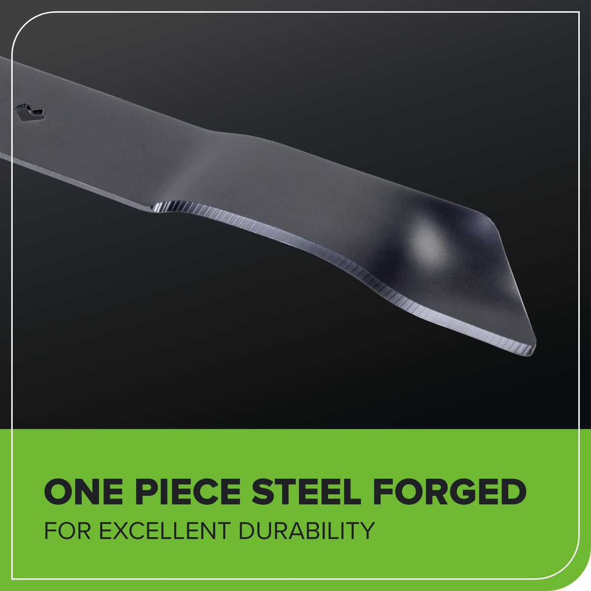 GreenWorks blade featuring heat-treated steel for durable edge retention.