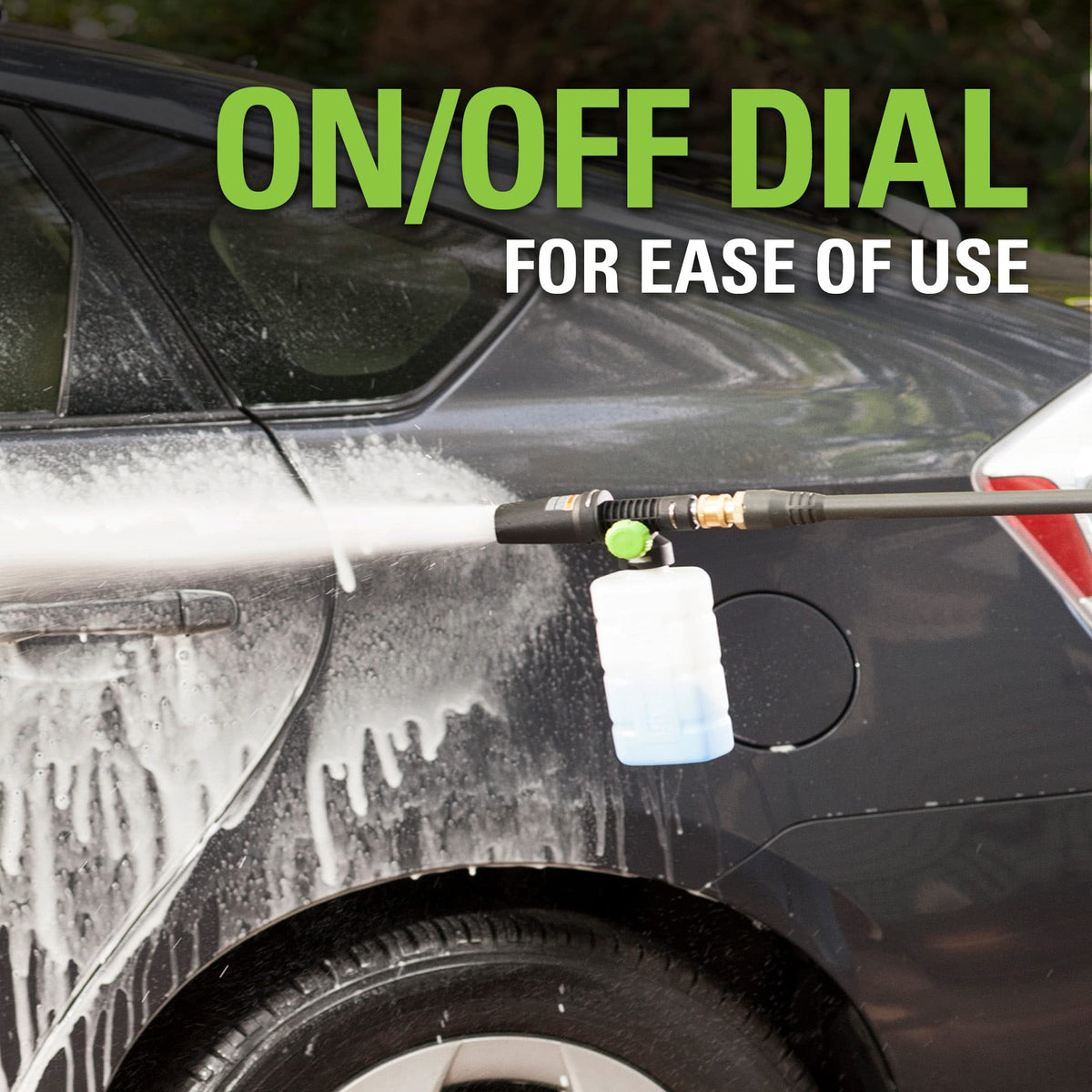 Greenworks device demonstrating compatibility with power washers up to 3100 PSI.
