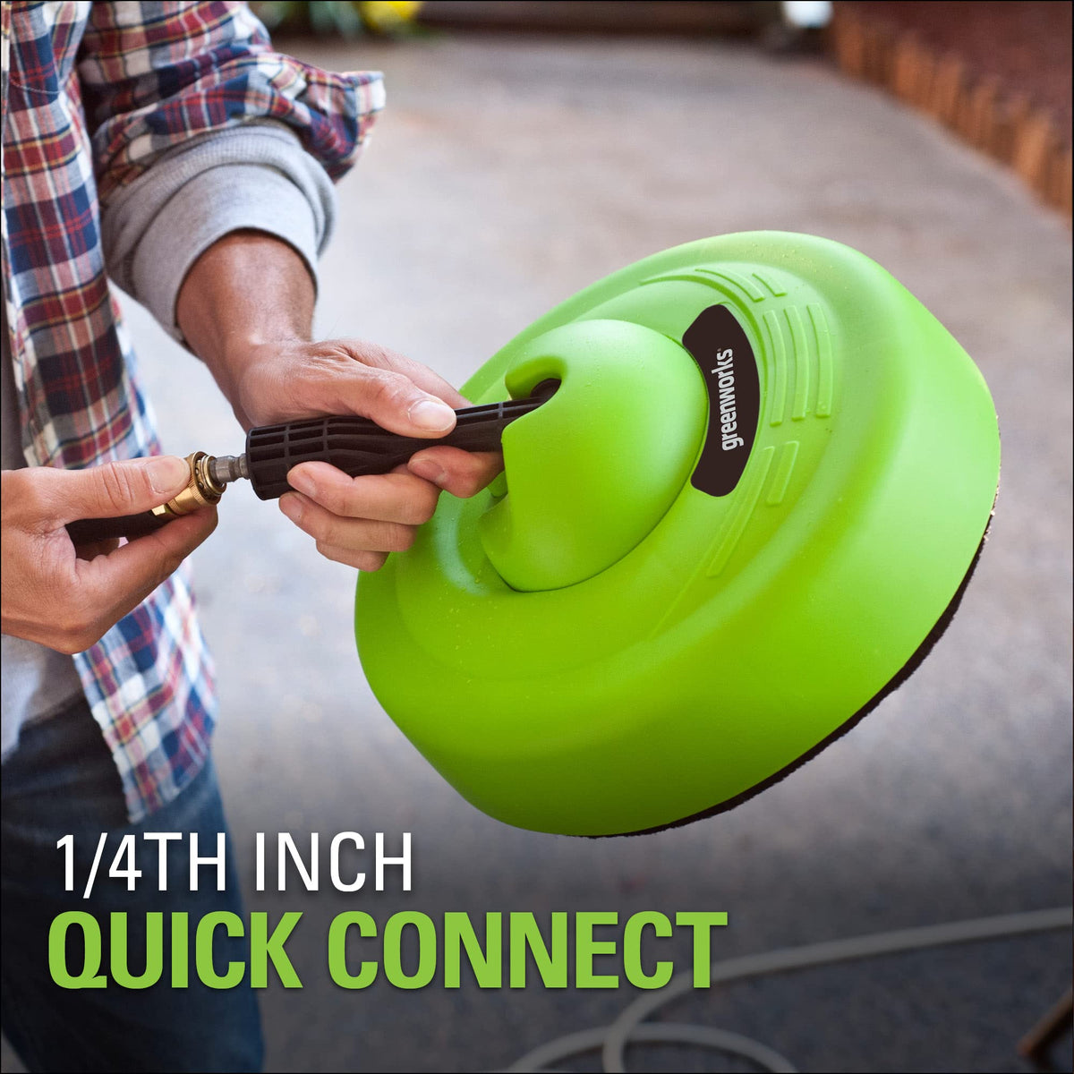 GreenWorks driveway and deck cleaning action image demonstrates two-pass efficiency