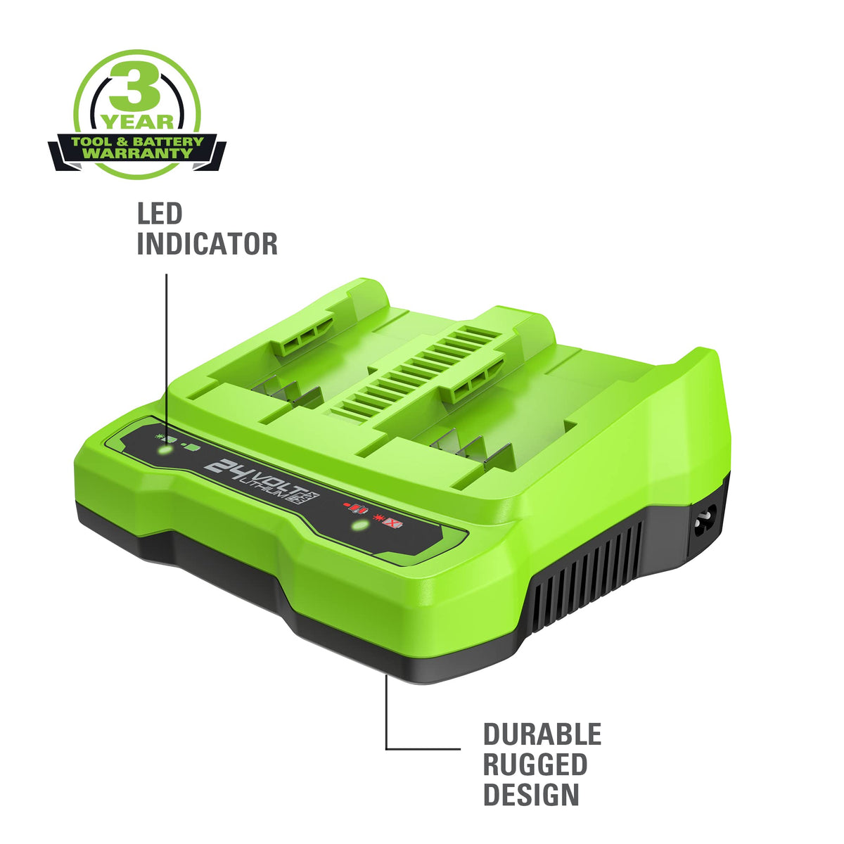 Greenworks dual-port rapid charger keeps batteries ready for on-demand work.