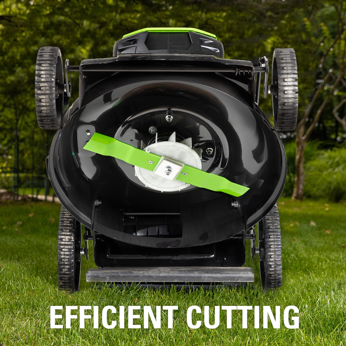 Easy installation guide for quick blade swap on a GreenWorks mower.