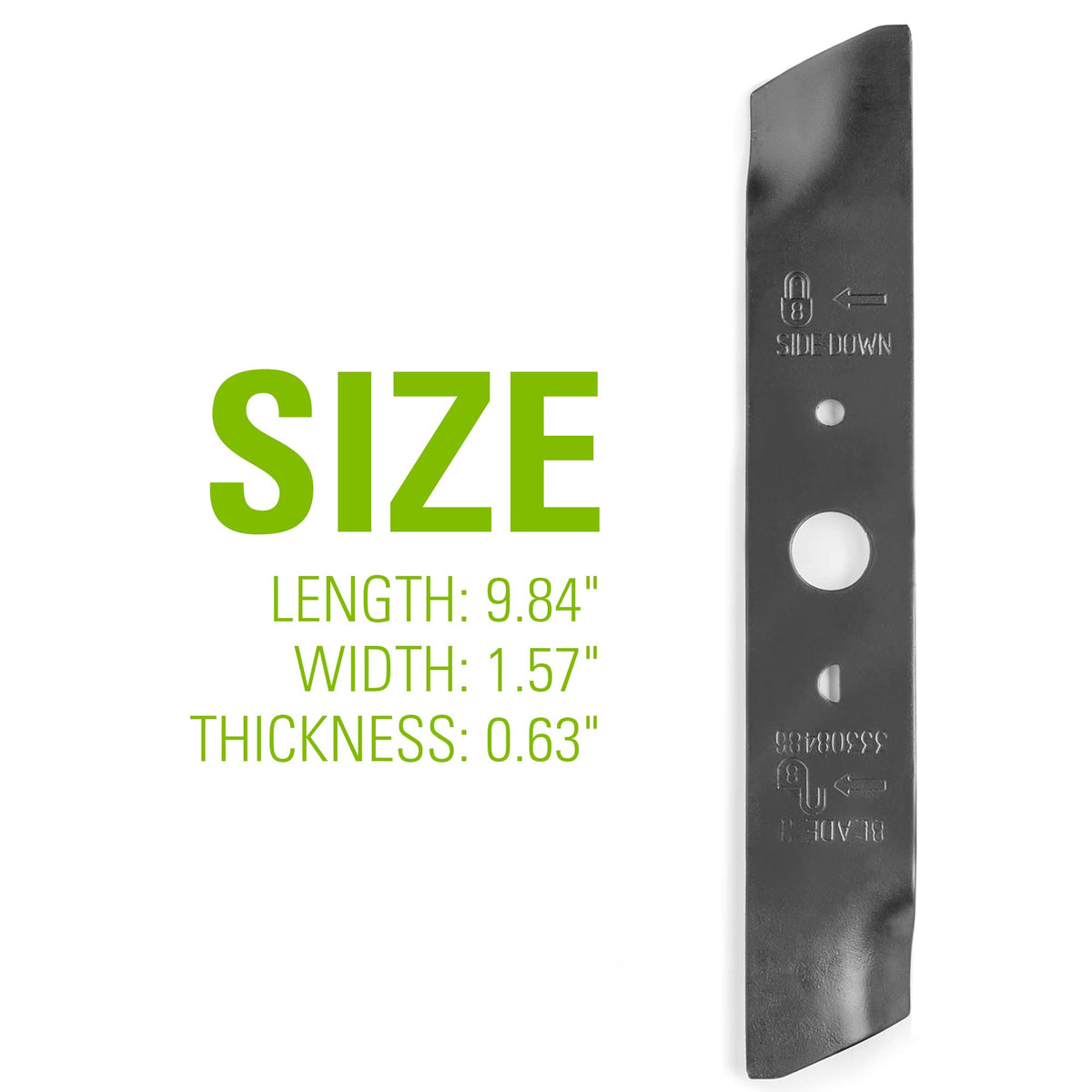 Heat-treated steel blades from Greenworks for sharp, durable mowing performance.