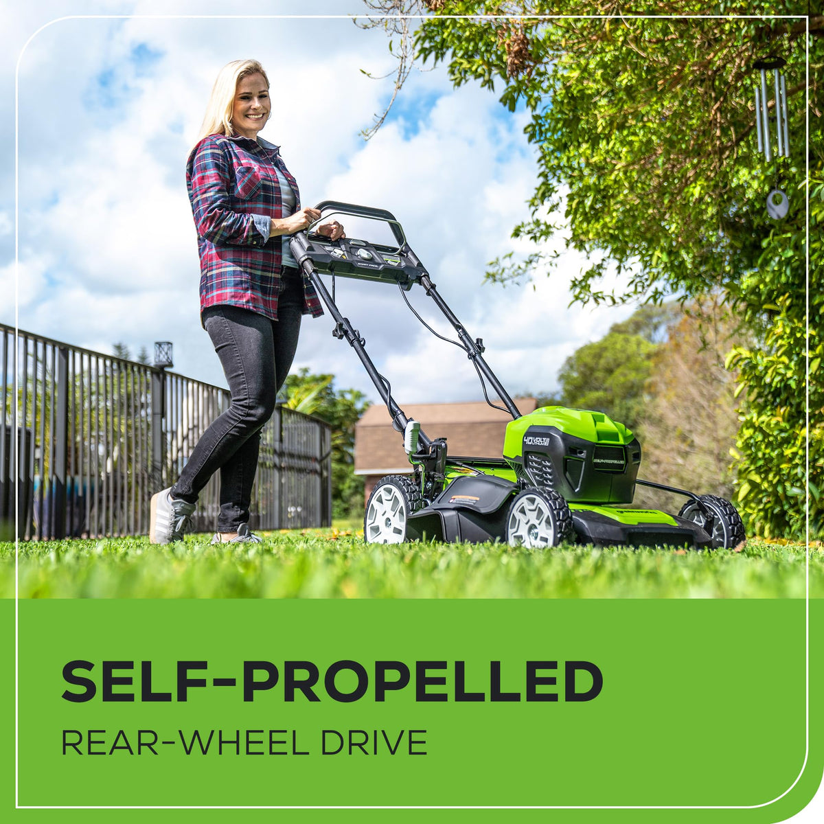 Greenworks seven-position height adjustment for a precise, even cut