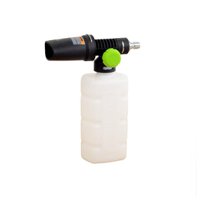 Greenworks high-pressure soap applicator attachment connected to a pressure washer for efficient cleaning.
