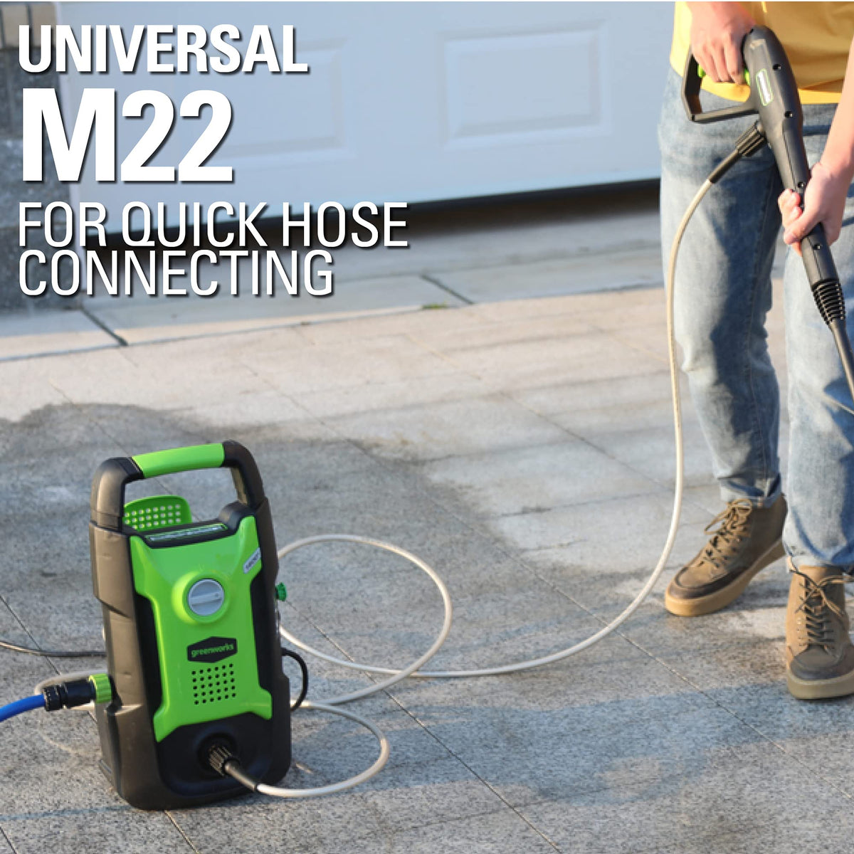 Greenworks hose attachment works with all Greenworks washers for seamless integration