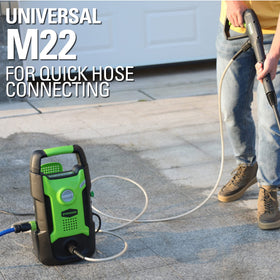 Greenworks hose attachment works with all Greenworks washers for seamless integration