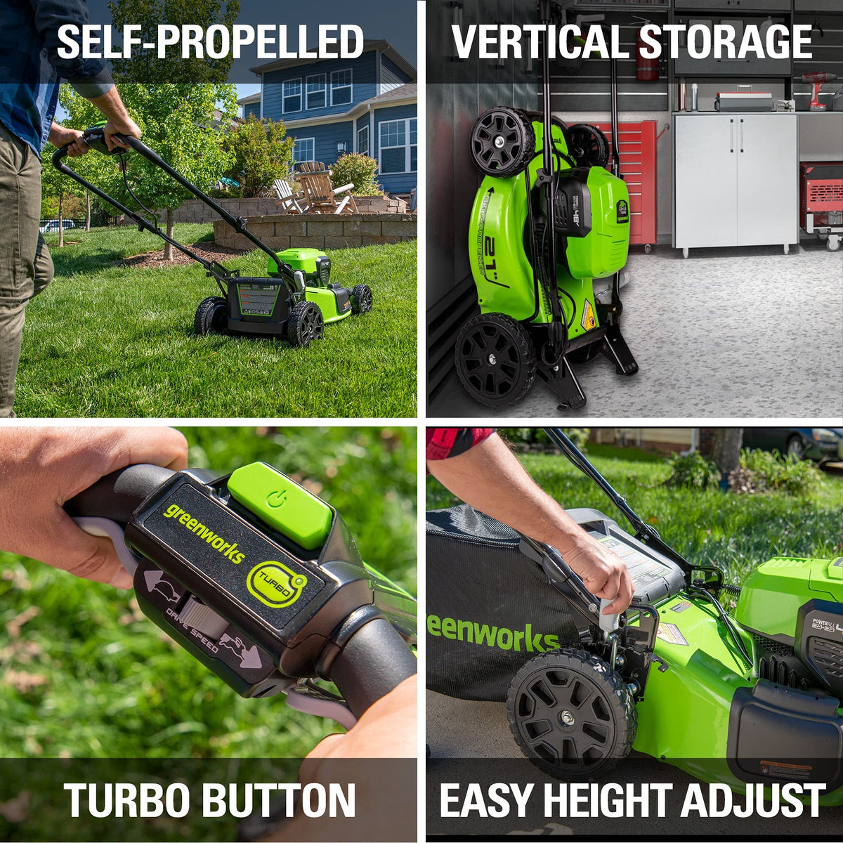 Greenworks LED headlights illuminate the mowing path for dusk tasks