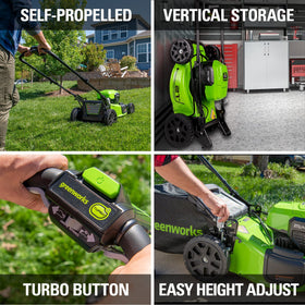 Greenworks LED headlights illuminate the mowing path for dusk tasks