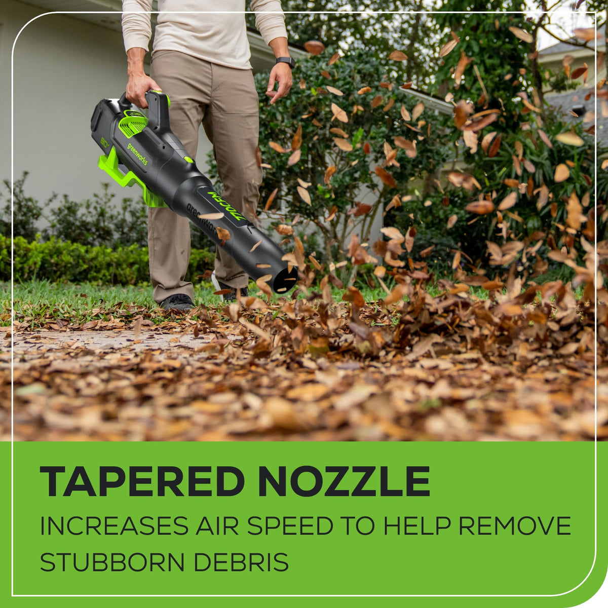 Greenworks lightweight axial design reduces arm fatigue during cleanup
