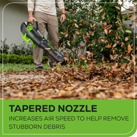 Greenworks lightweight axial design reduces arm fatigue during cleanup