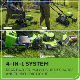 Greenworks mulch, rear bag, and side discharge options for versatile mowing