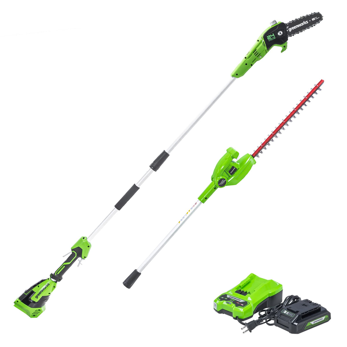 Greenworks 24V polesaw 8in cutting a branch for pruning