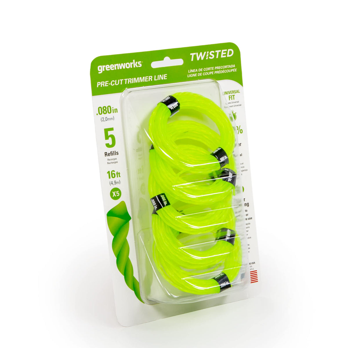 Greenworks pre-cut trimmer line for fast loading and reduced downtime.