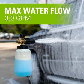 Greenworks Premium Foam Cannon 1L bottle for extended foam coverage.