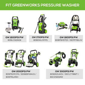 Greenworks Premium Foam Cannon shows adjustable spray pattern for versatile cleaning.