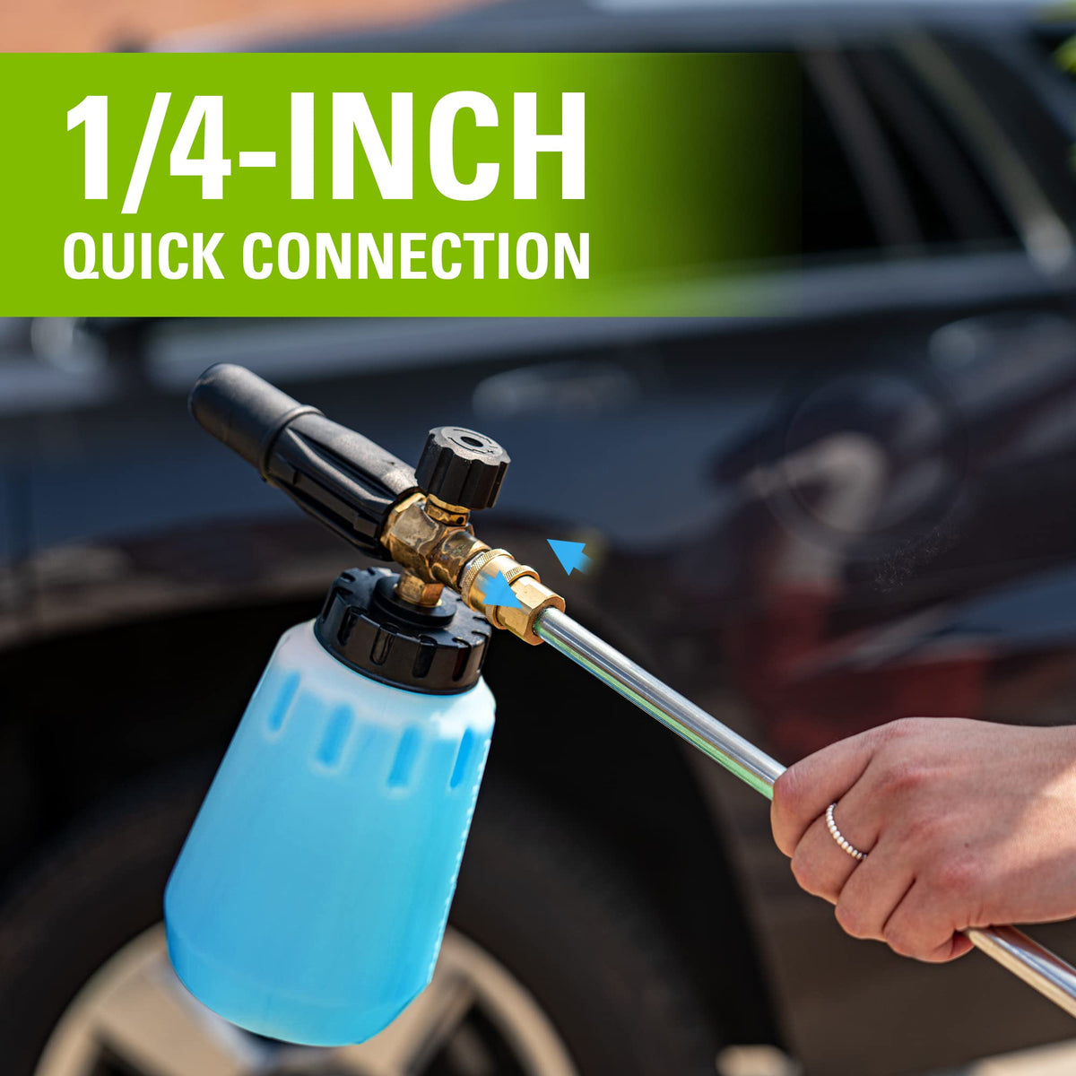 Wide-mouth opening on Greenworks Foam Cannon enables quick refills.