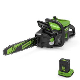 Greenworks Pro 60V chainsaw with battery powers quick, quiet yard work.