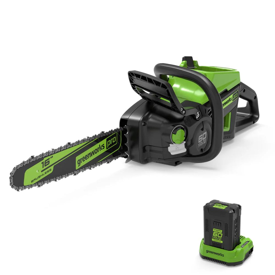 Greenworks Pro 60V chainsaw with battery powers quick, quiet yard work.