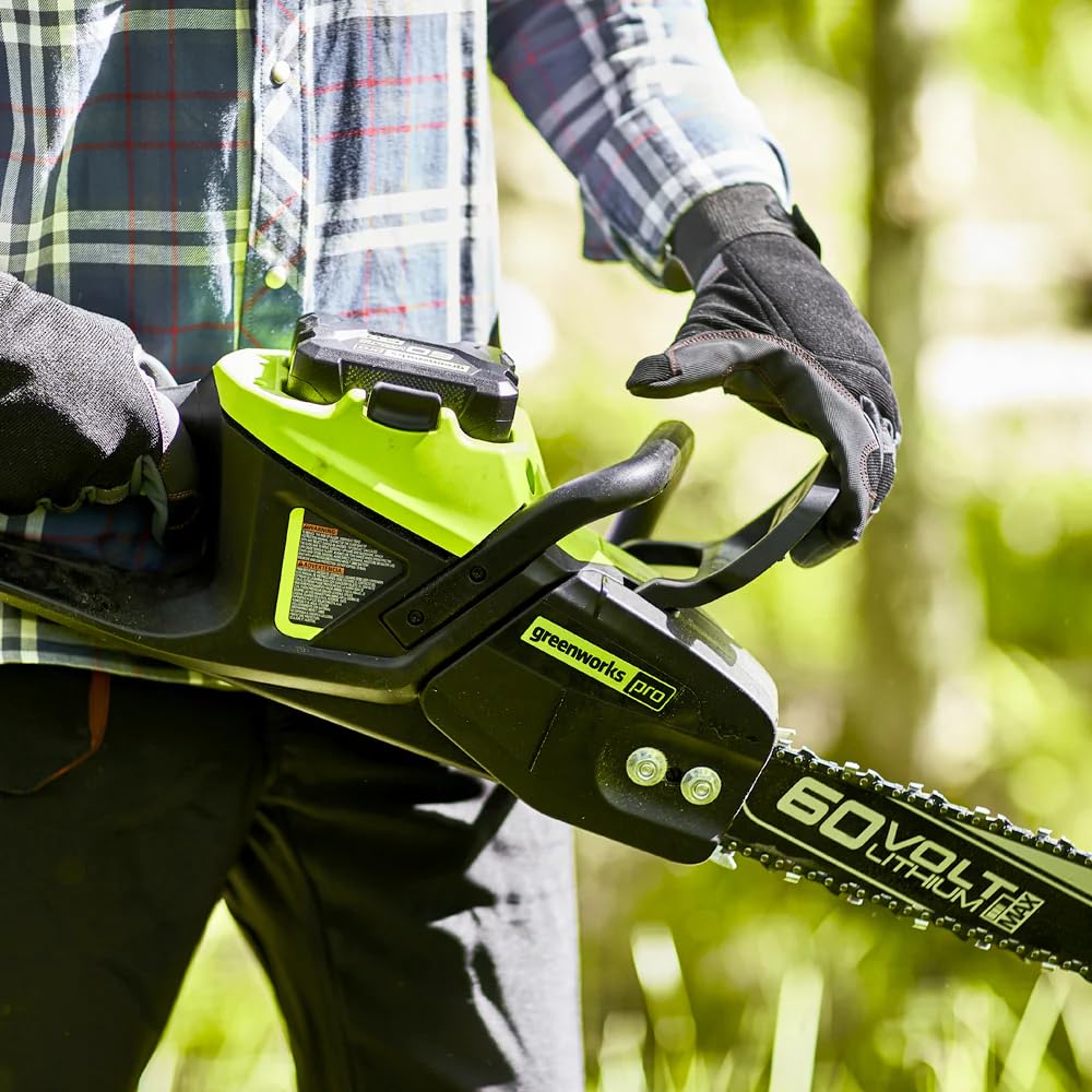 Greenworks Pro 60V inertia brake engaged for safe operation.