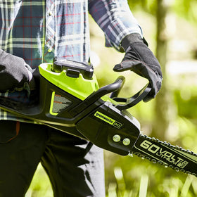 Greenworks Pro 60V inertia brake engaged for safe operation.