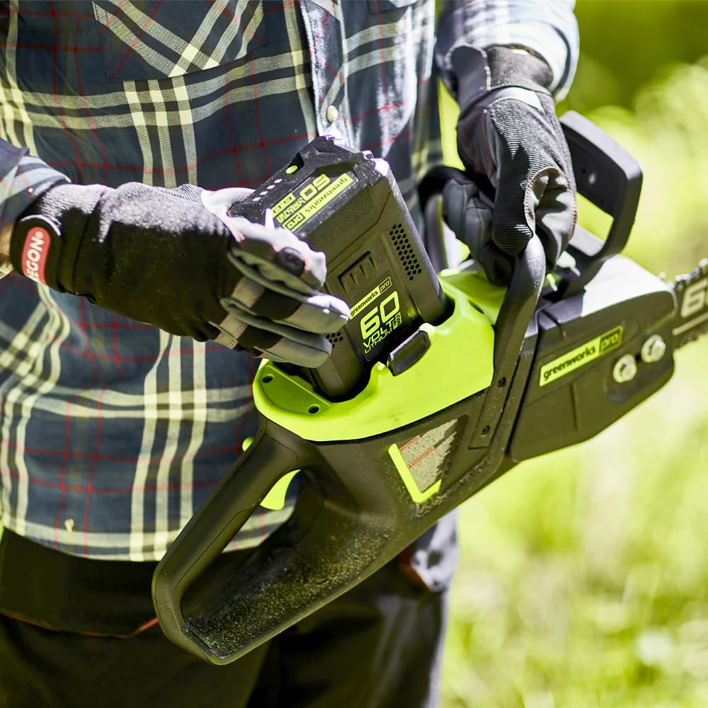 Greenworks Pro 60V oil window visible during maintenance check.