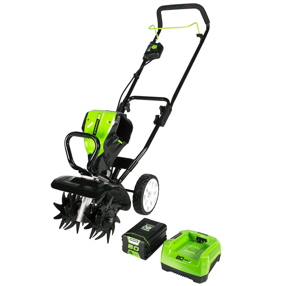 Greenworks Pro 80V cultivator with folding handle for compact storage.