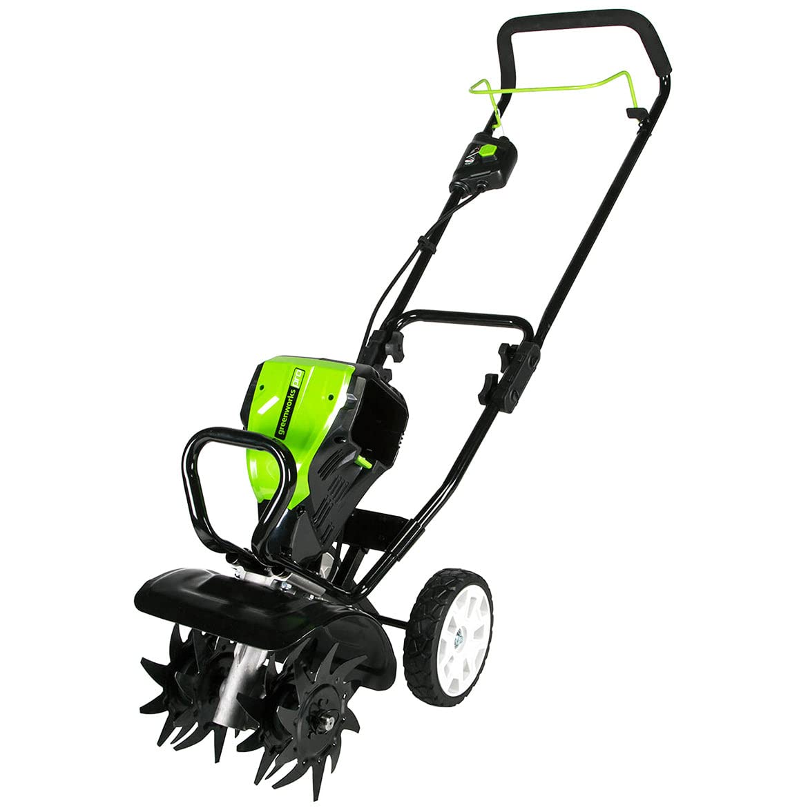 Greenworks Pro 80V cultivator shown in garden bed ready to use.