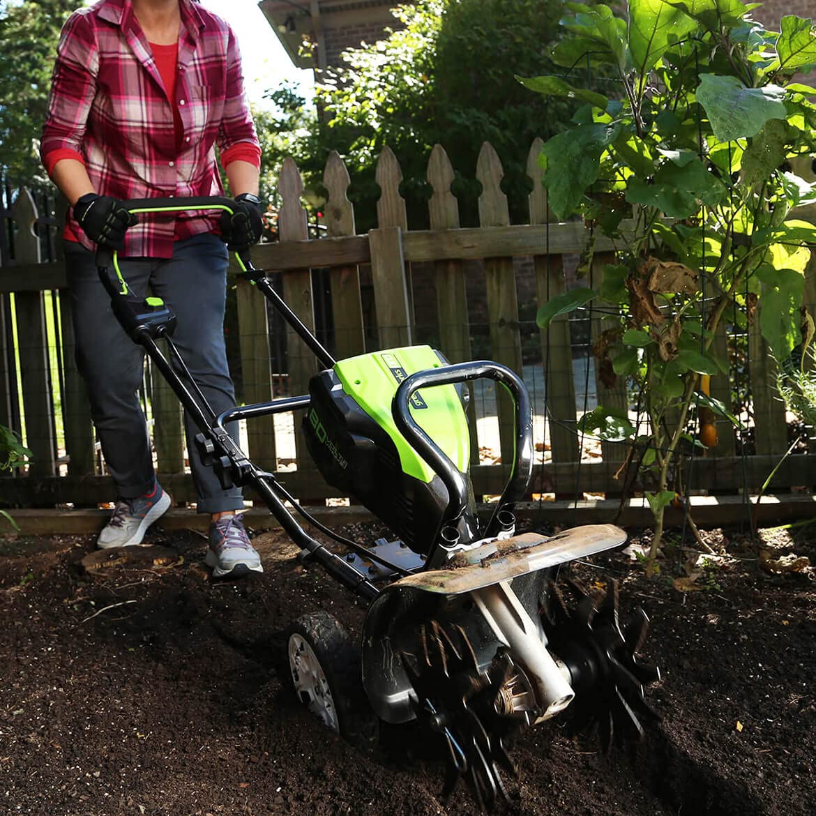 Greenworks Pro 80V tilling depth up to five inches for soil mixing.