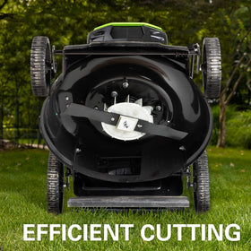 Greenworks blade installed on a mower illustrating ready-cutting performance