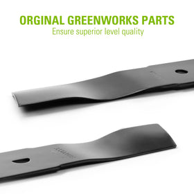 Greenworks blade packaging image emphasizing compatibility for 16-inch mowers
