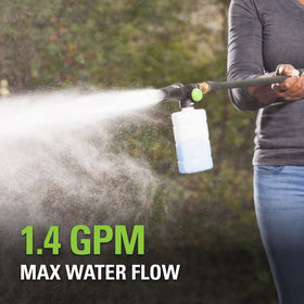 Greenworks soap applicator in action delivering precise cleaning on dirty surfaces.