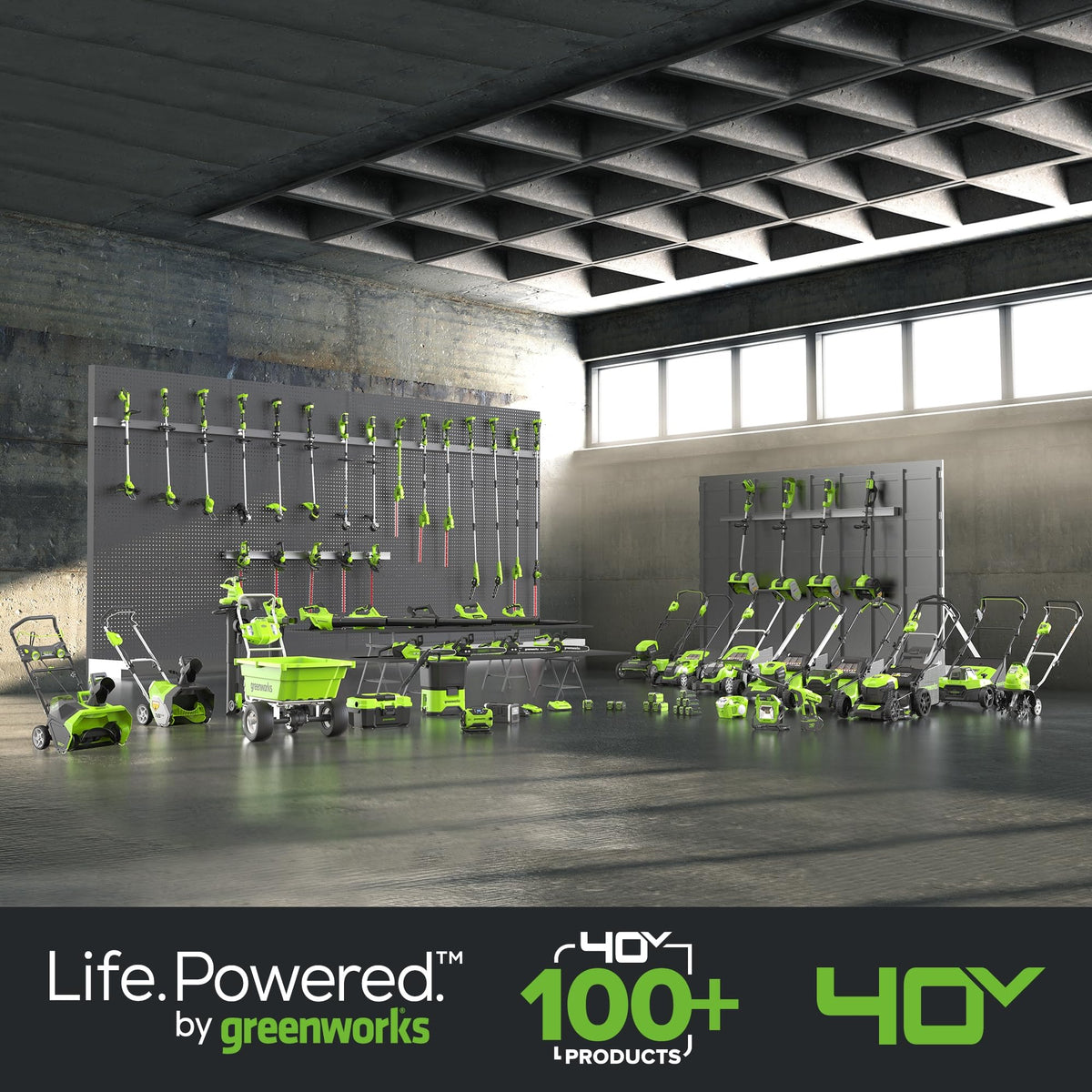 Greenworks telescoping shaft adjusts from 40 to 52 inches for tall users.