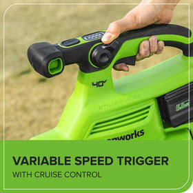 Greenworks turbo-boost-button detail enables on-demand power for tough debris