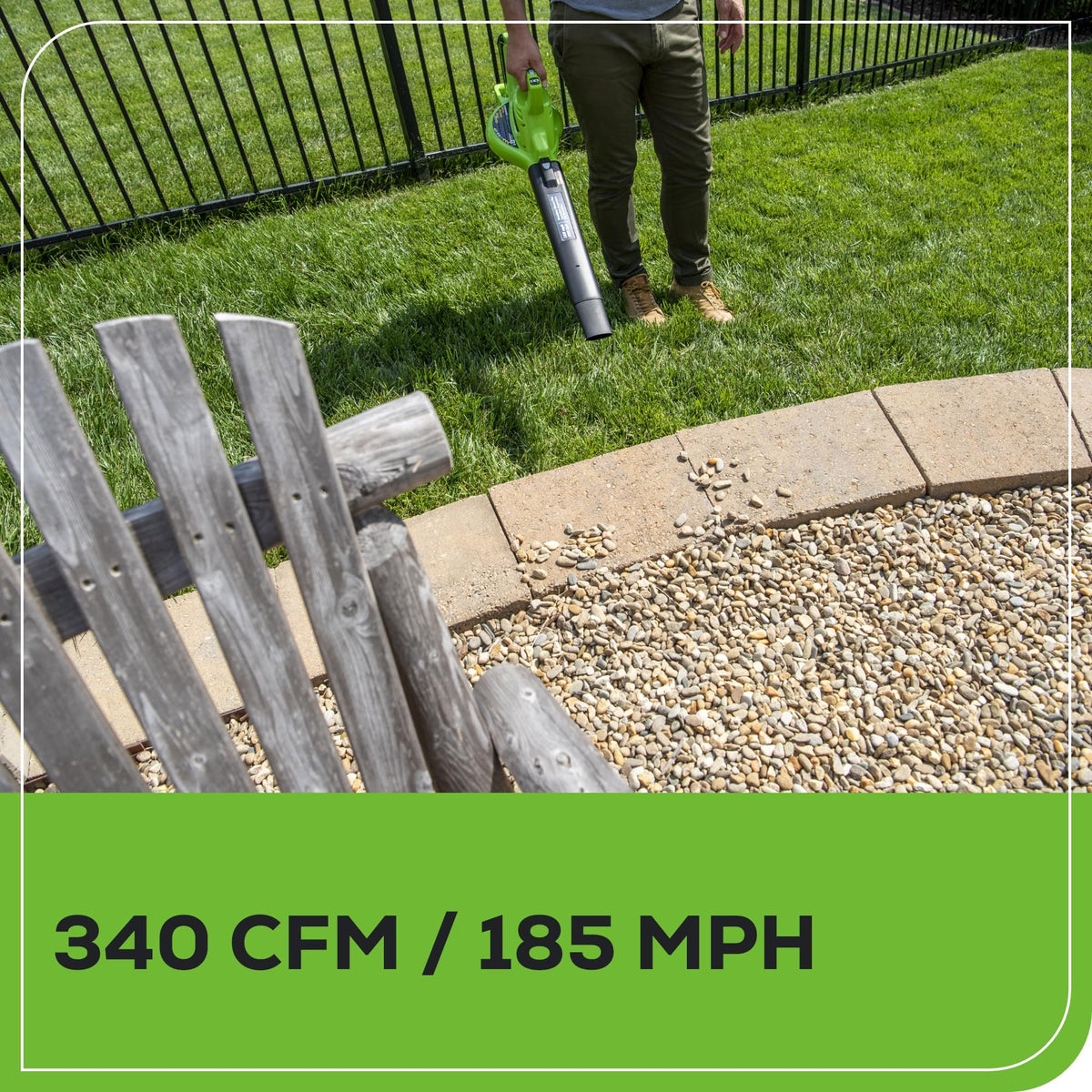 Greenworks turbo boost function activated for tough, wet leaves